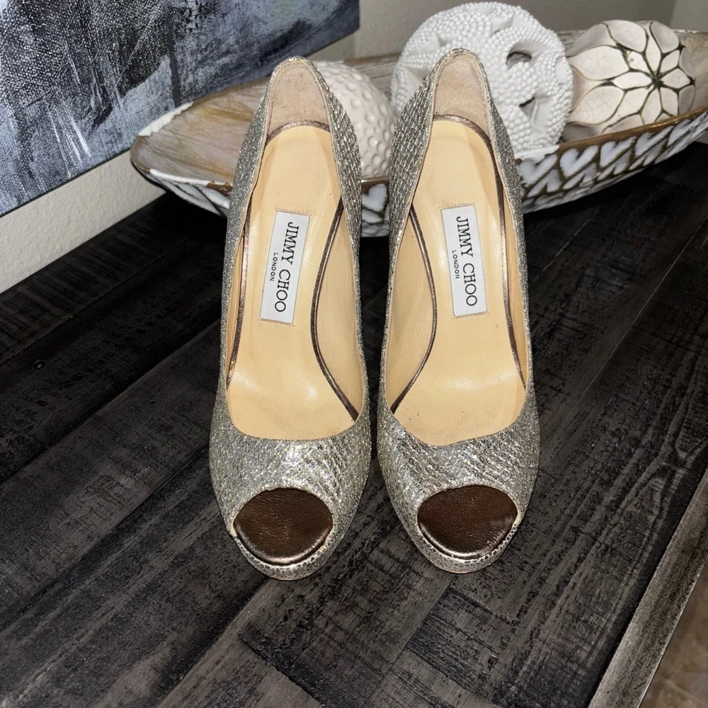Jimmy Choo Crown  Glitter Fabric Champagne  Platform  7.5 - Picture 6 of 9